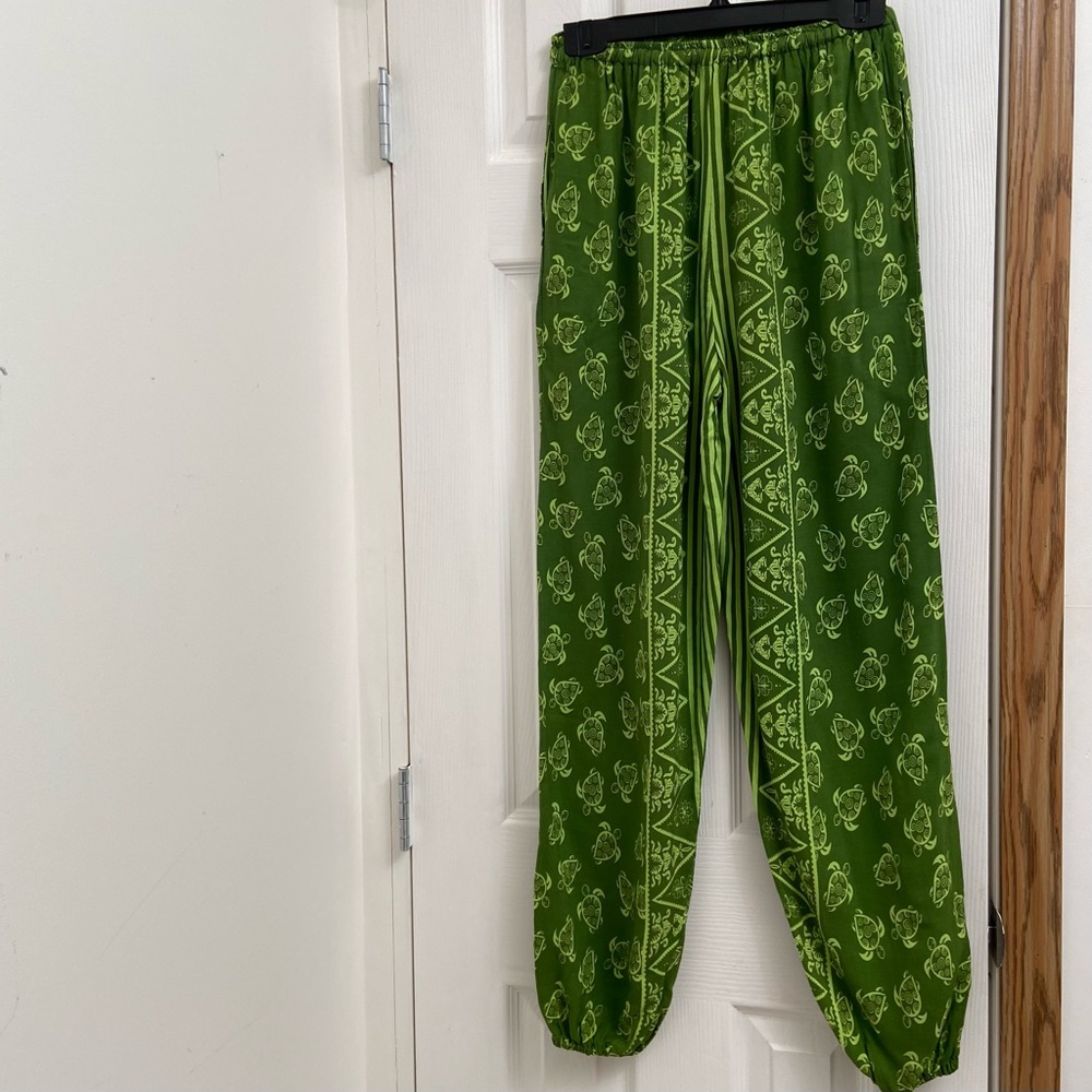 Turtle print green pull on pants.'Size Waist 22-24. Size /care tags missing Used